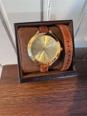 Michael Kors Gold-Tone Dial Tan Leather Strap Watch